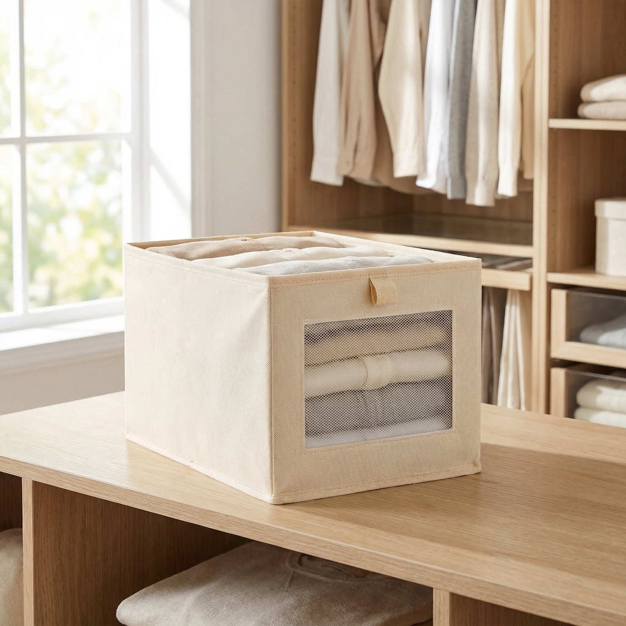 Unique Bargains 3pcs Storage Cube Fabric Storage Bins Beige 14.2*9.8*7.9in
