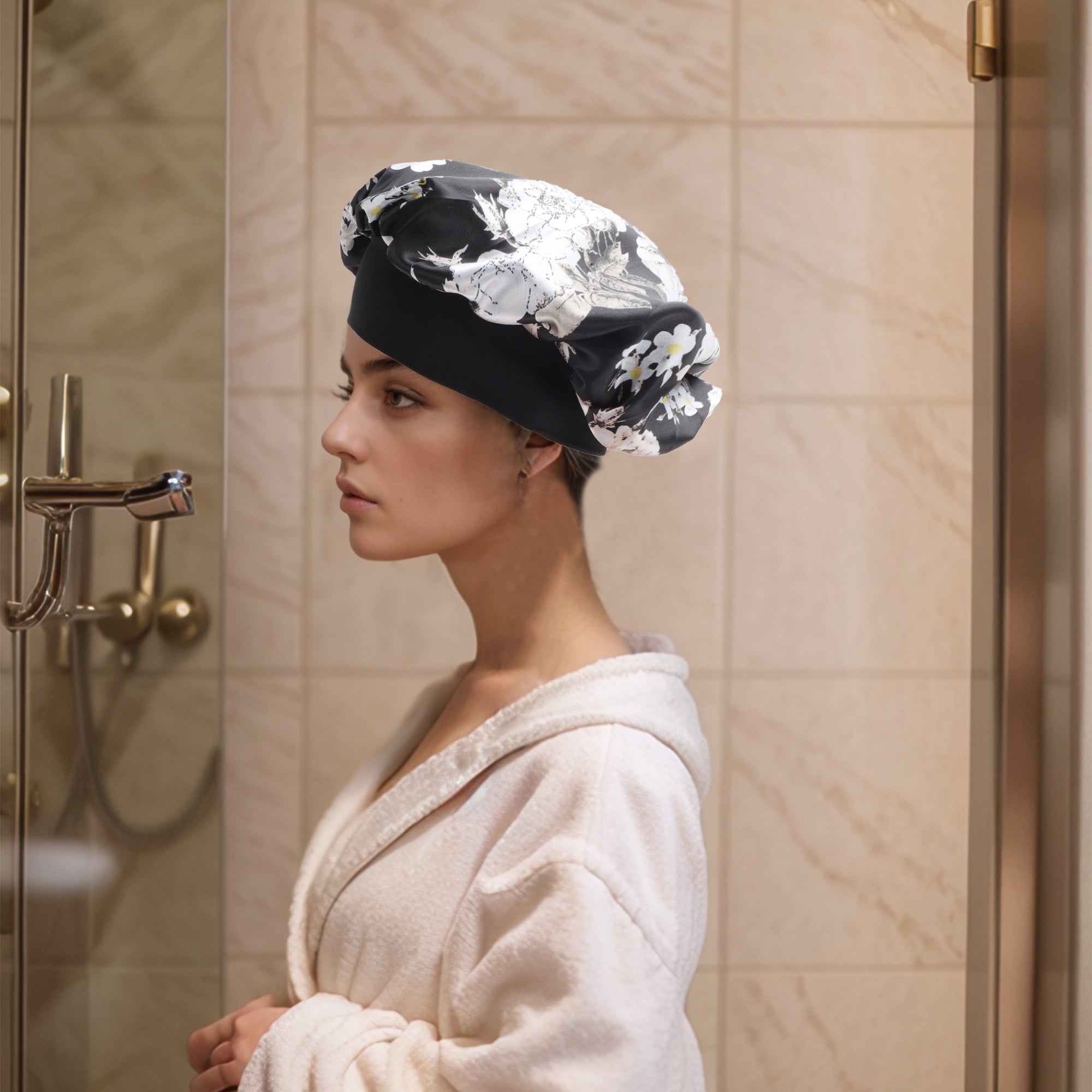 Unique Bargains High Elasticity Print Shower Cap 1 Pc Black