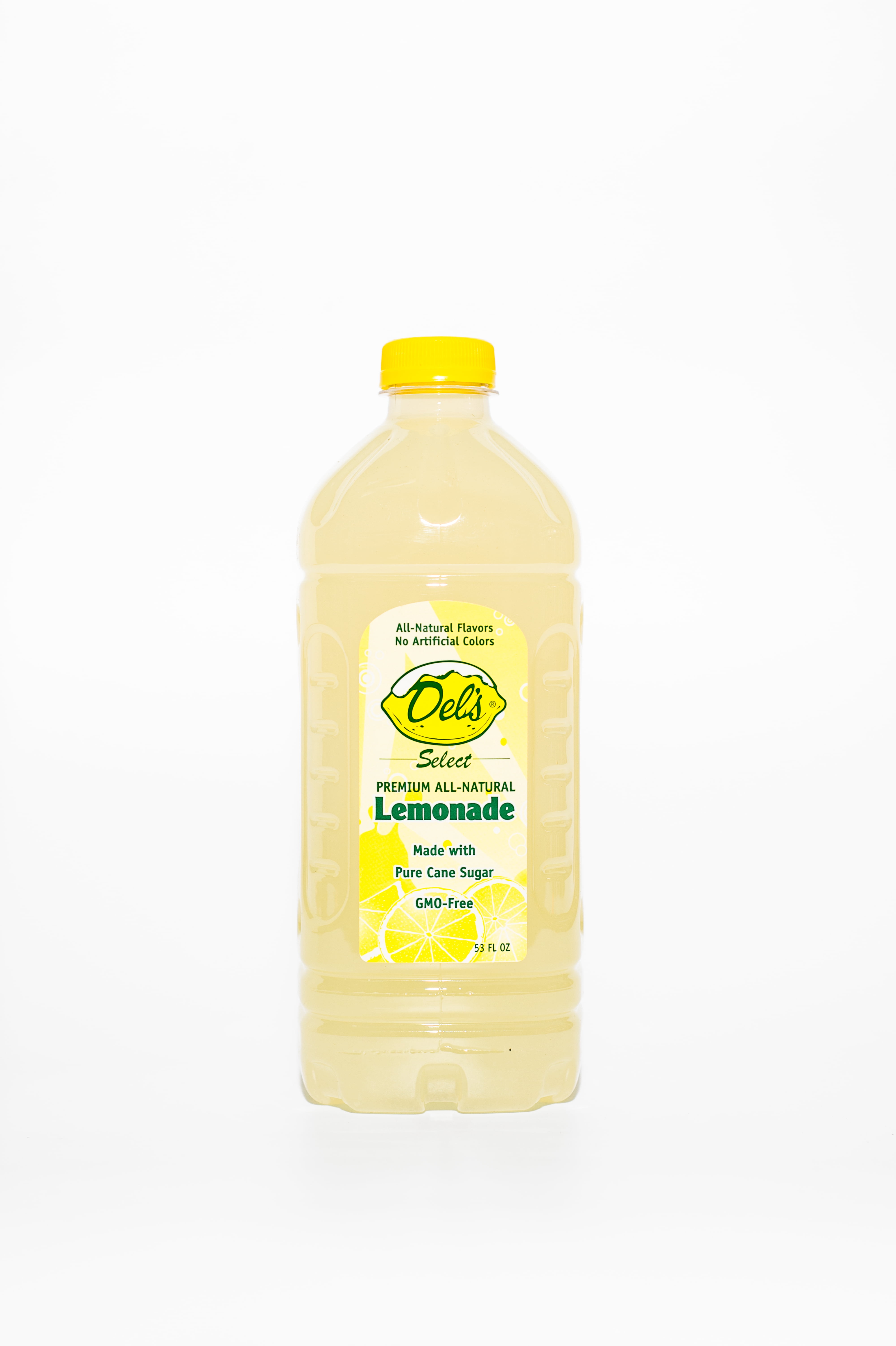 Del's Premium Lemon-ade 53oz.  Made with Pure Cane Sugar