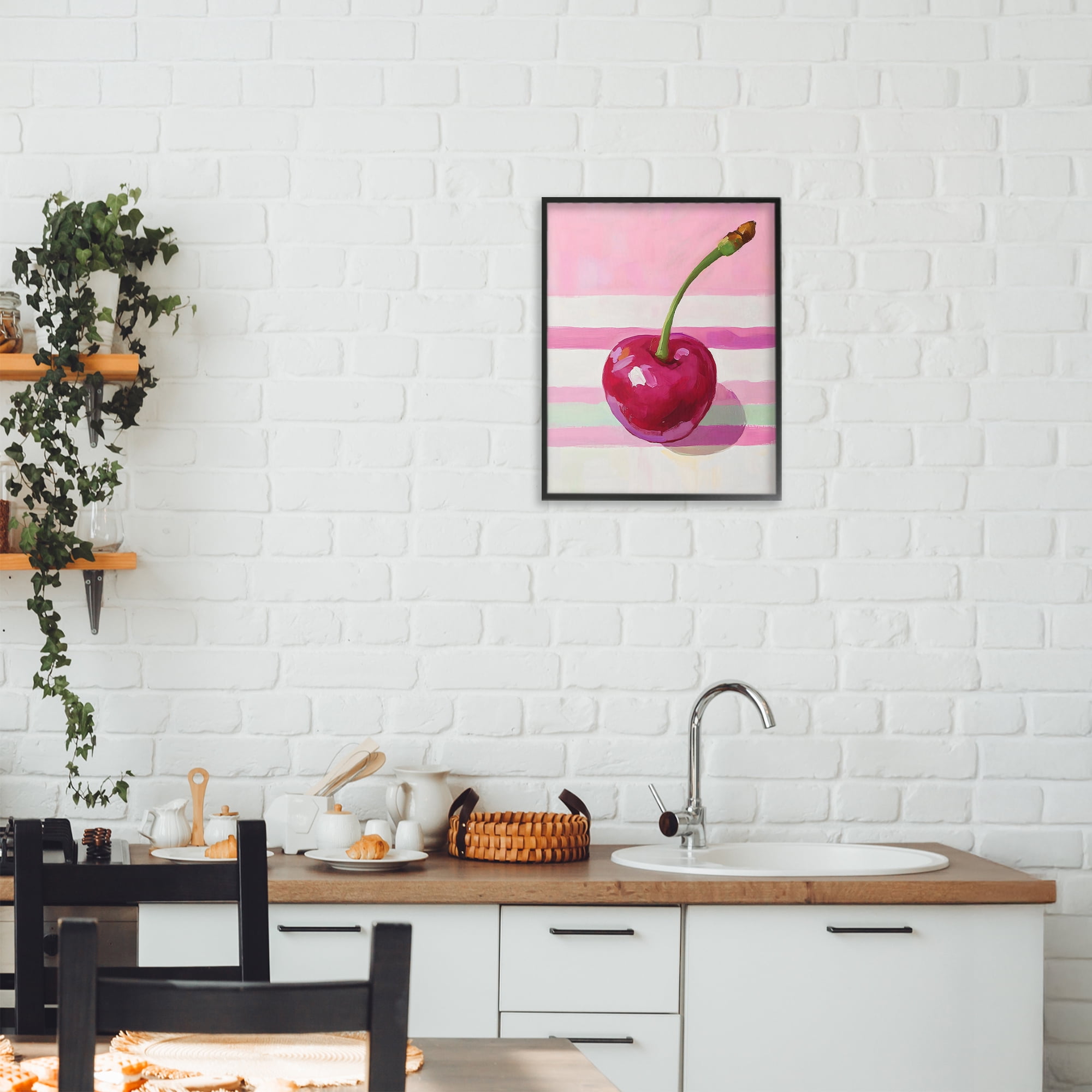 Stupell Industries Cherry on Pink Stripes Black Framed Giclee Art, design by The Prints Vibe