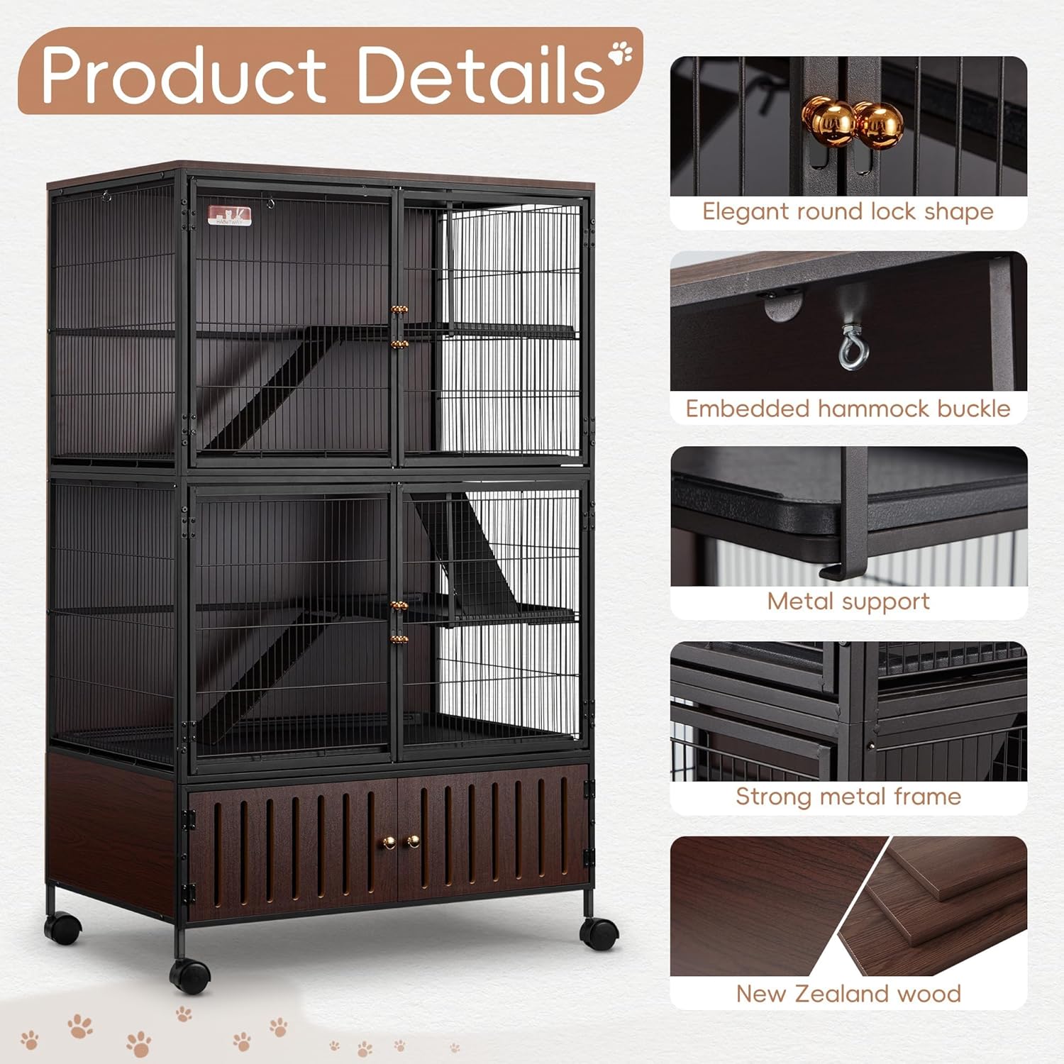 Juiluna 60" Large Metal Ferret Cage, 3-Level Chinchilla Cagewith Wheels, Multi-Level Small Animal Habitat for Chinchilla/Guinea Pig/Rats, Lockable Doors, Ramps, Hammock & Storage Cabinet (Black)