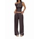 thumbnail image 2 of Conjuntos de Dos Piezas para Mujer, Top Corto Informal de un Solo Hombro, Pantalones Anchos y Conjuntos Y2K A Juego. Marrón XL, 2 of 7