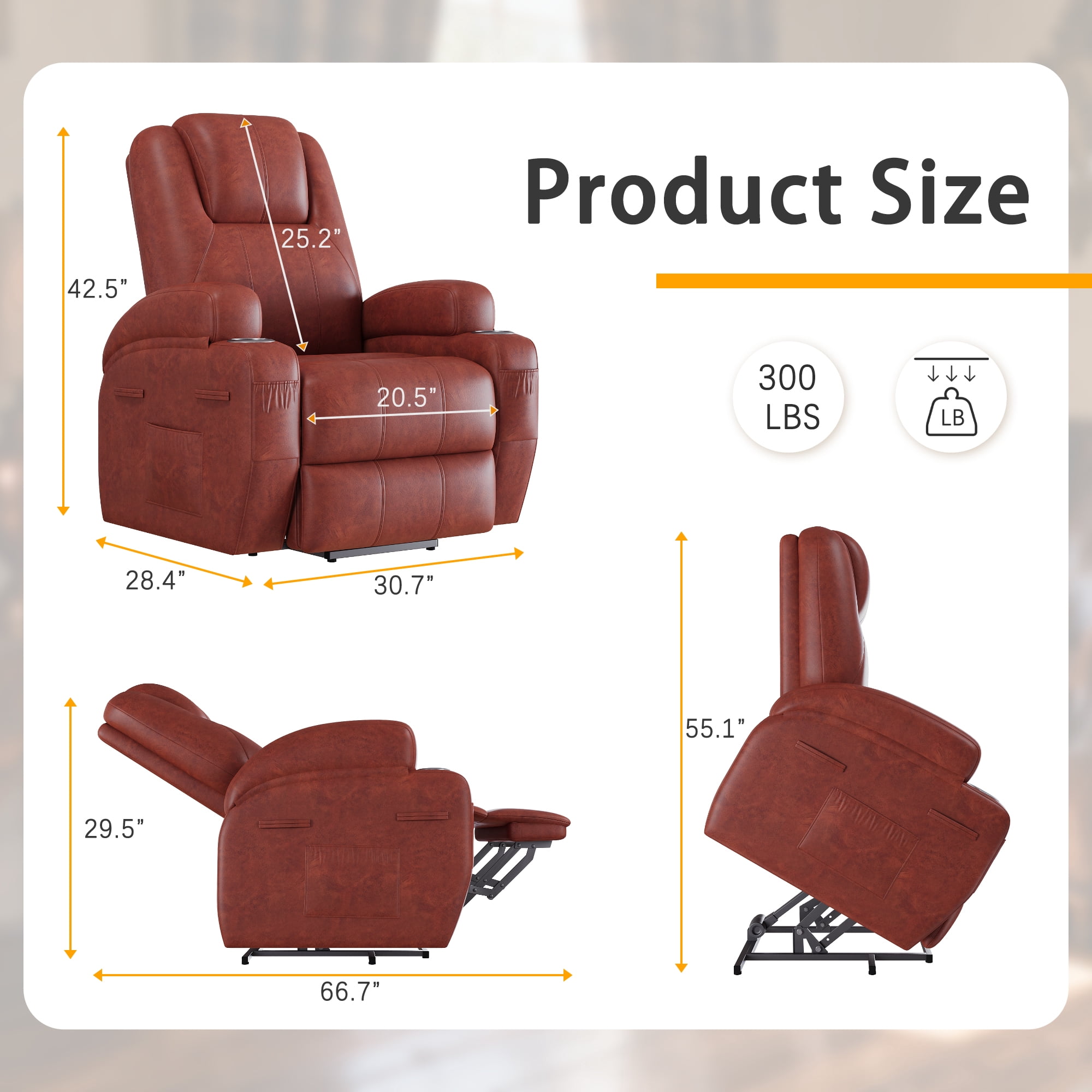 Furmax Electric Power Lift Leathaire Recliner Chair with Massage for Bedroom,Brown