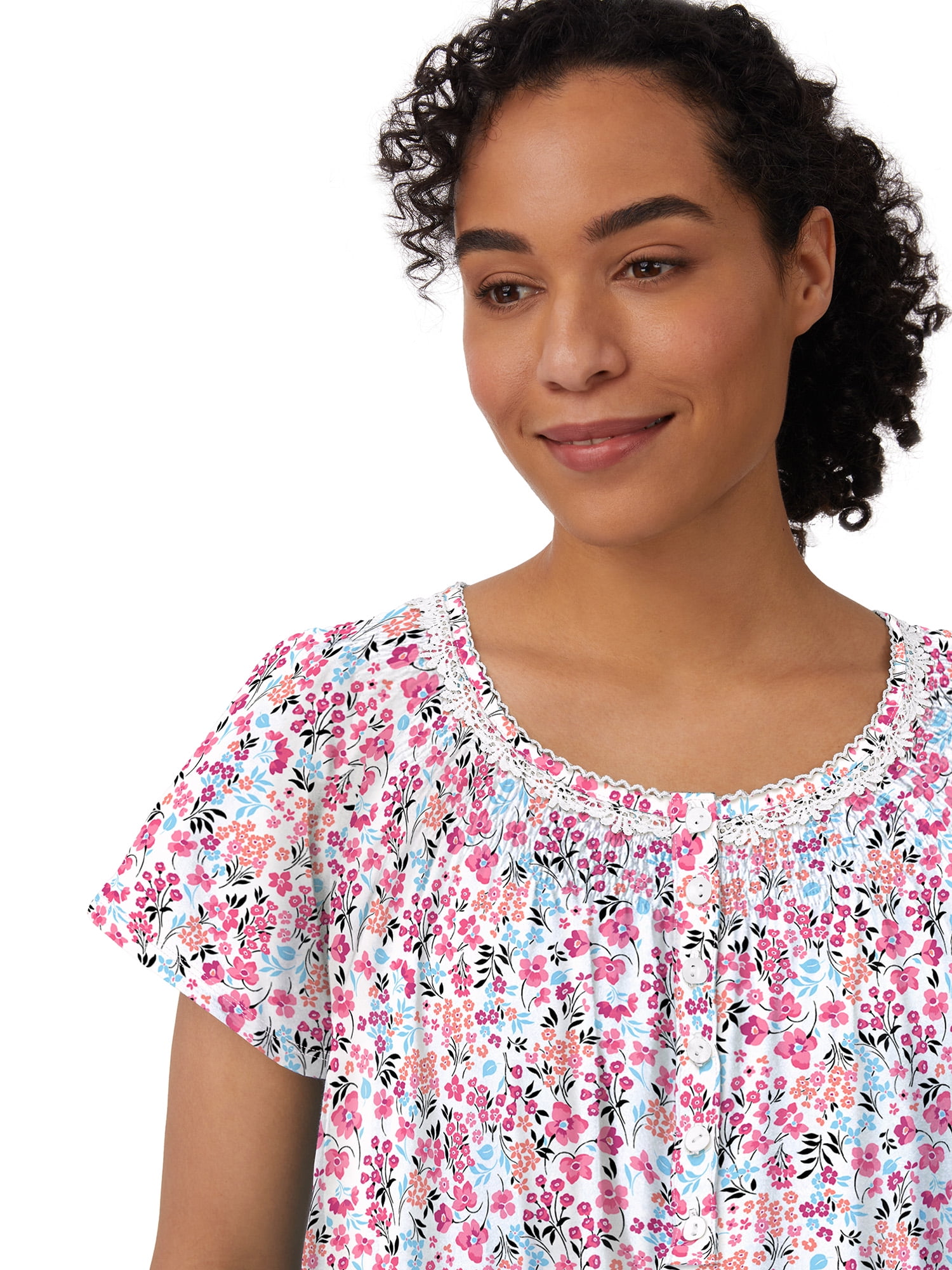 Aria Women's 100% Cotton Raglan Sleeve Smocked Neck 40" Sleepwear Gown, Sizes XS-5X