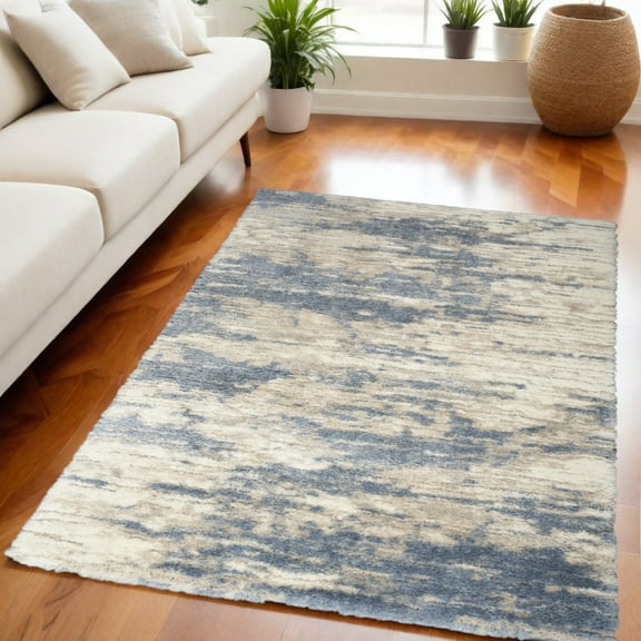 5' X 7' Light Blue Gray and Beige Abstract Shag Area Rug
