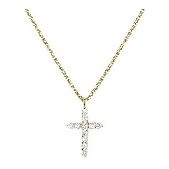 18K Yellow Gold Plated Created White Sapphire Petite Cross Necklace | Mothers Day Jewelry Gift for Her Women Girls