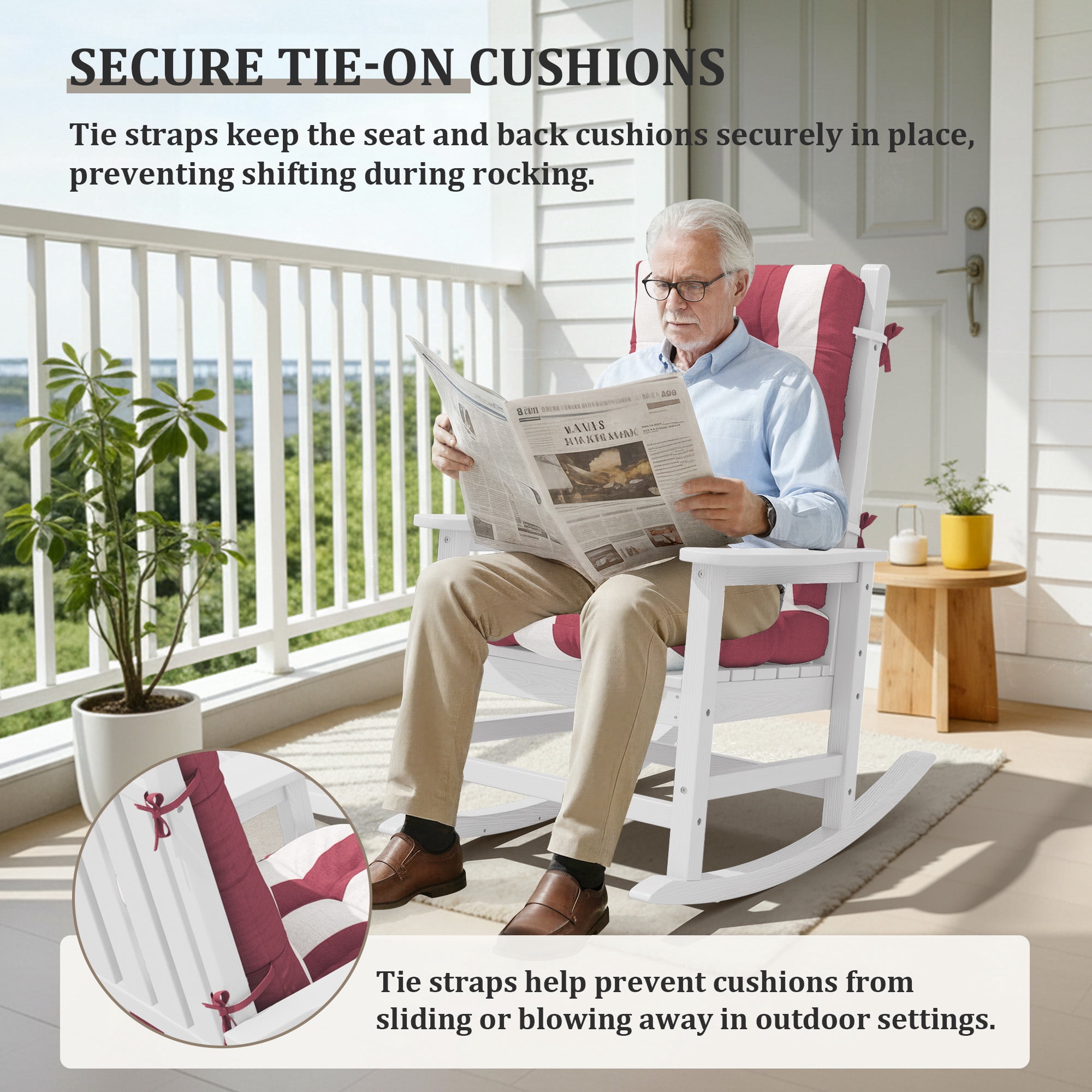 FUNDAZE Outdoor Chair Cushion, 47"L x 19.9"W 1 Piece Cushion W/ Ties for Indoor Outdoor Rocking Chairs, Red & White