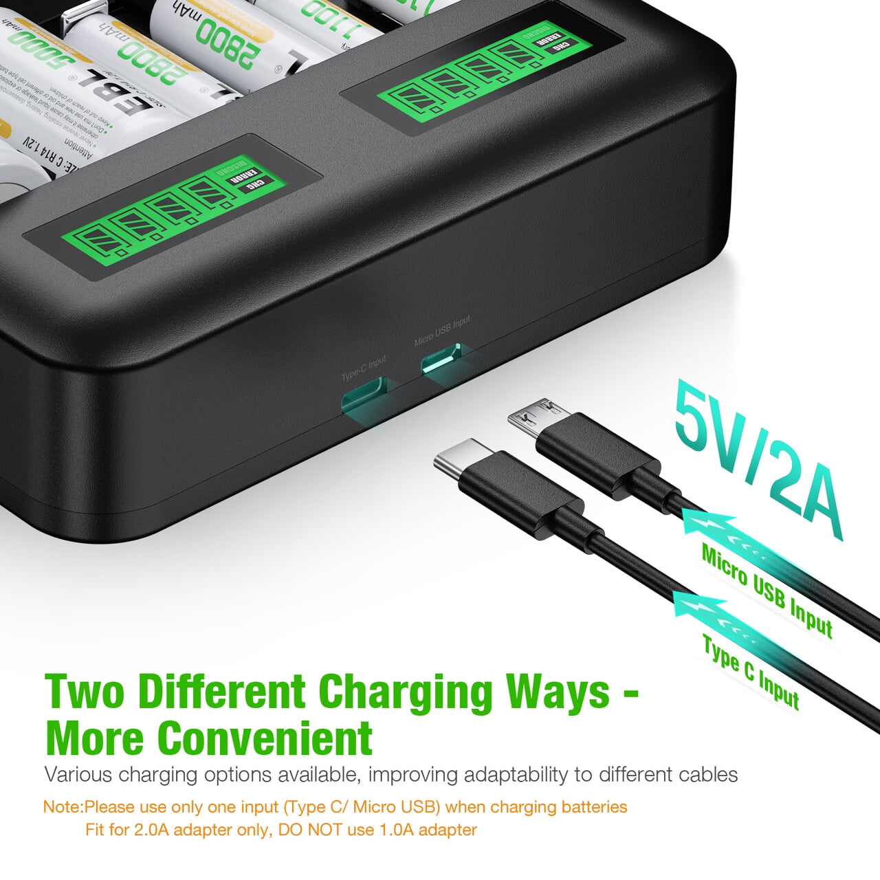 8 Bay Individual Battery Charger with 5V 2A Fast Charging Function for Ni-MH AA AAA Rechargeable Batteries EBL AA AAA Battery Charger 