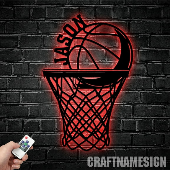Craftnamesign Personalized Basketball Metal Wall Art Led Light, Custom Basketball Player Name Sign