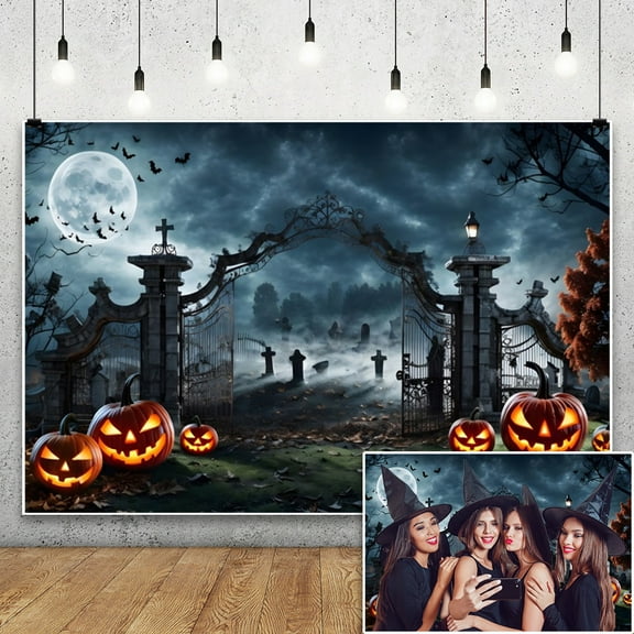 SUNOLIFE Halloween Backdrop Banner Horror Night Castle Pumpkins Photo Background Banner 7x5ft