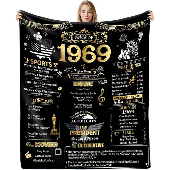 55th Birthday Gifts for Women Men, Soft Comfortable Throw Blanket, Birthday Decorations for Mother and Dad Wife Husband, 55 Year Old Birthday Decorations Blanket 60"X50", Back in 1969