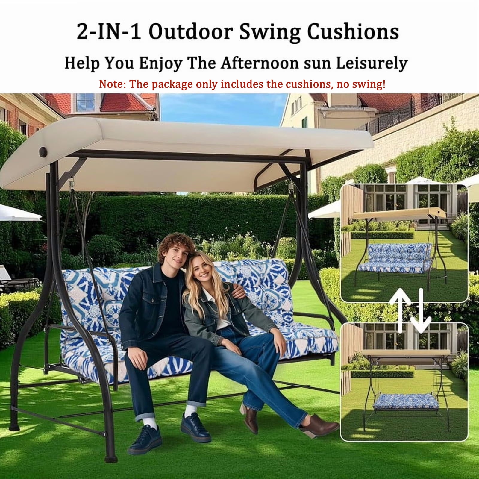 Outdoor Porch Swing Cushions, 4" thick patio swing cushions 3 Seater for outdoor furniture, Waterproof Bench Replacement Cushion with Ties(Blue Grid-63×40in)