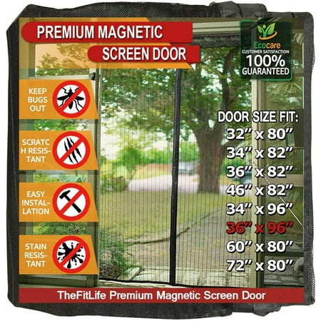 

TheFitLife Magnetic Screen Door - Heavy Duty Mesh Curtain with Full Frame Hook and Loop Powerful Magnets That Snap Shut Automatically (38 x97 - Fits Doors up to 36 x96 Black)