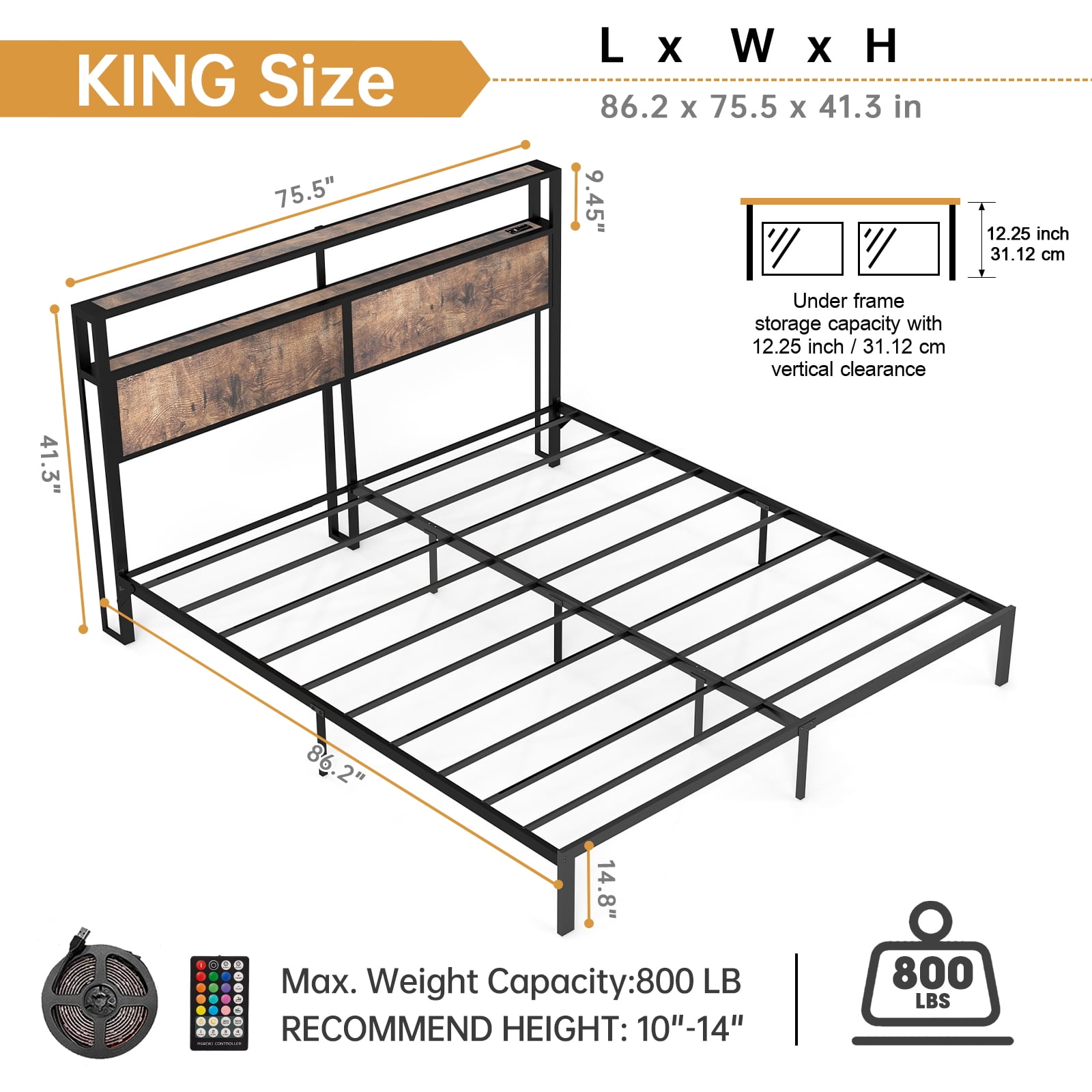 Leumius King Size Bed Frame with Headboard, Platform Bed with RGB LED Light & Charging Station & Under Bed Storage Space, Easy Assembly, Brown