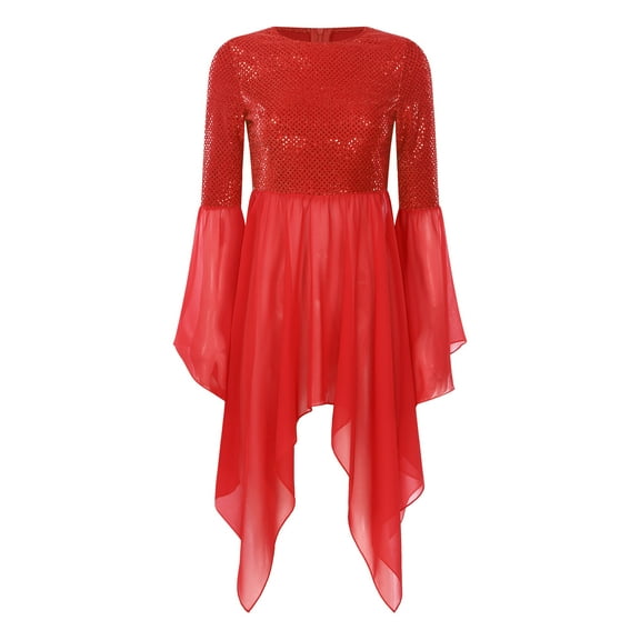 Xnihocha Womens Sequin Chiffon Liturgical Praise Dance Tunic Irregular Hem Worship Dance Overlay Top Red S