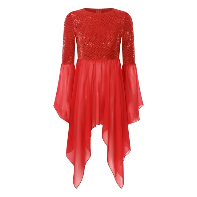 vastwit Costume de Danse pour Femmes Superposition Tunique à Paillettes Culte Lyrique Robe de Danse Paillettes_rouge m