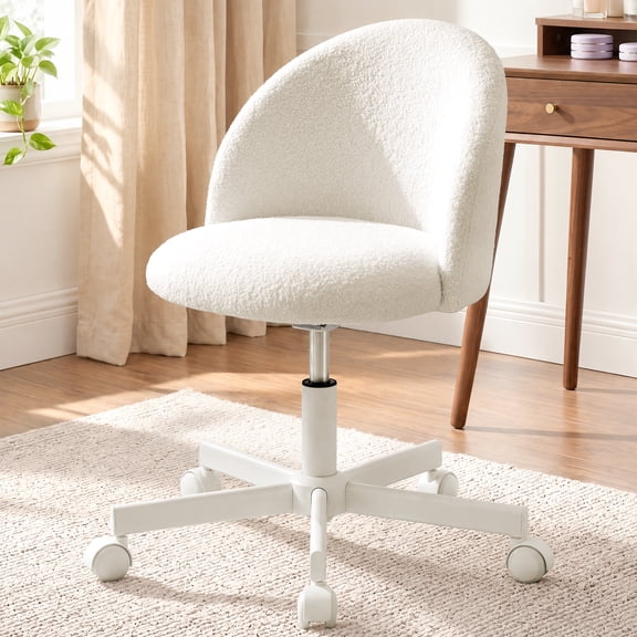 CELTOSS Home Office Desk Chair, Cute Teddy Fabric Swivel Vanity Stool, Mid Back Adjustable Armless Task Chair with Wheels, White
