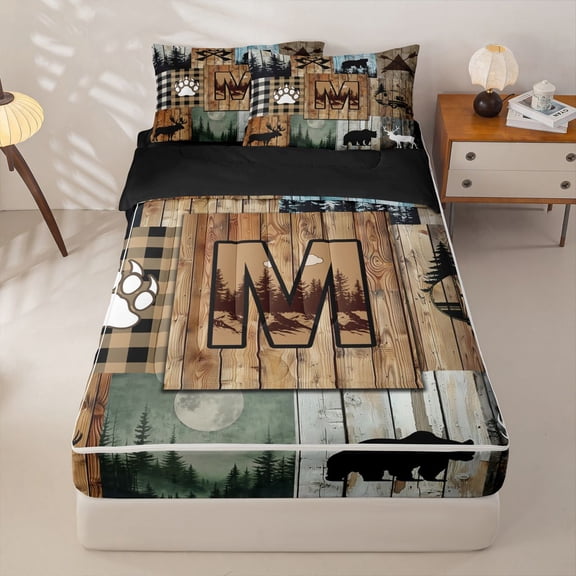 Homewish Retro Camper Kids Zipper Twin Comforter Sets with Fitted Sheet and 2 Pillowcases,Happy Camping Initial Letter M Theme Zipper Bedding Set For Boys Men,Black Reversible,4-Piece