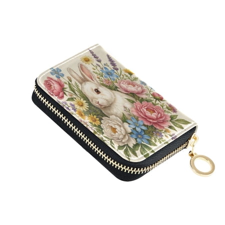 PU Leather Zipper Card Case Credit Card Holder Small Wallets Bunny and Vibrant Flowers