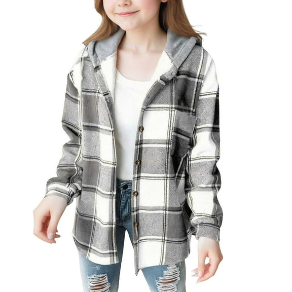 YunPes Girls Cute Flannel Plaid Button Down Top with Pockets Long Sleeve Hooded Jacket C9 Coat