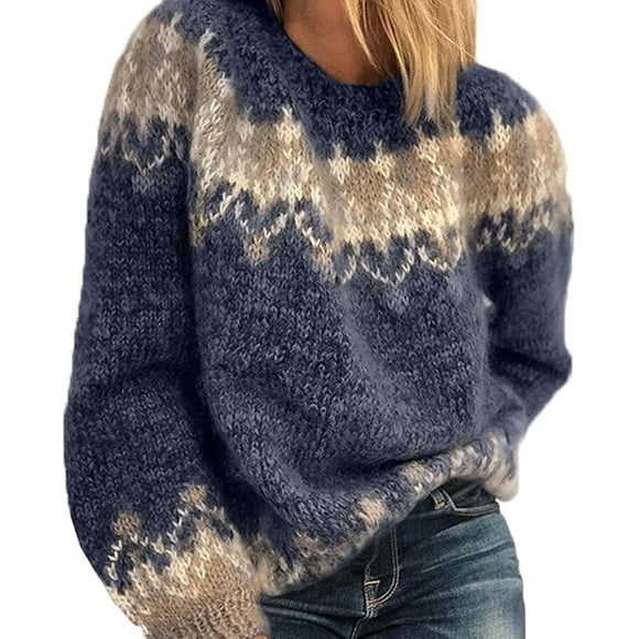 Women's Fall/Winter Round Neck Casual Loose Mohair Coarse Knit Jacquard Women's Sweater