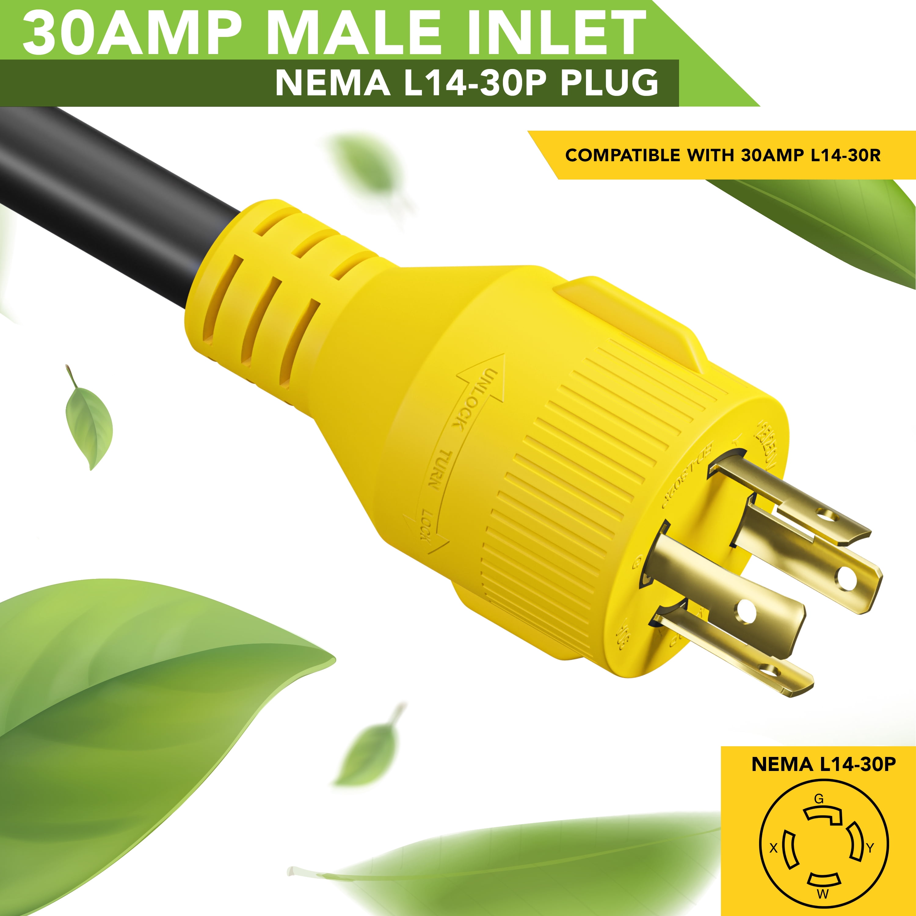 Leisure Cords 15' Cord Power Cable, Black with Yellow Ends