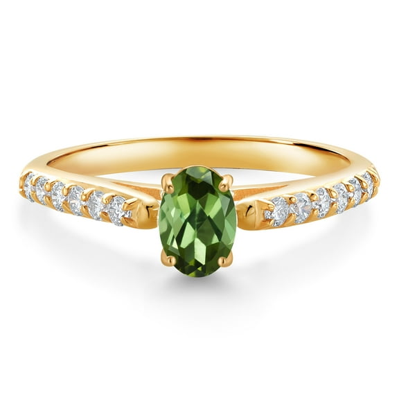 Gem Stone King 10K Yellow Gold Green Tourmaline and White Lab Grown Diamond Engagement Ring for Women (0.68 Cttw, Oval 6X4MM, Gemstone October Birthstone, Size 6)