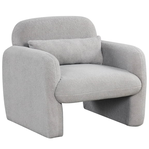 Modern Accent Chair Sherpa Fabric Upholstered Armchair w/Waist Pillow Grey For Daily Life