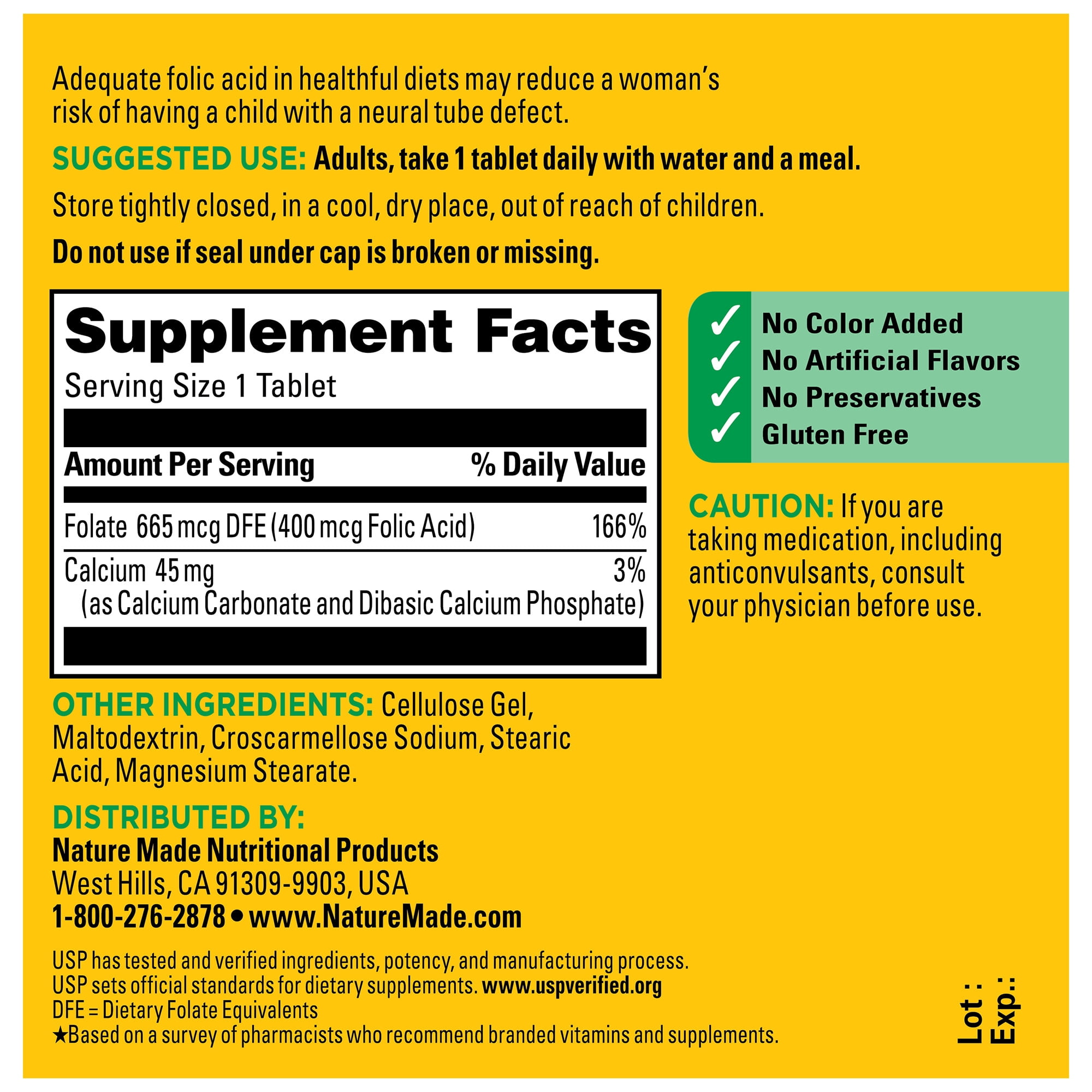 Nature Made Folic Acid 400 mcg (665 mcg DFE) Tablets, Dietary Supplement, 250 Count