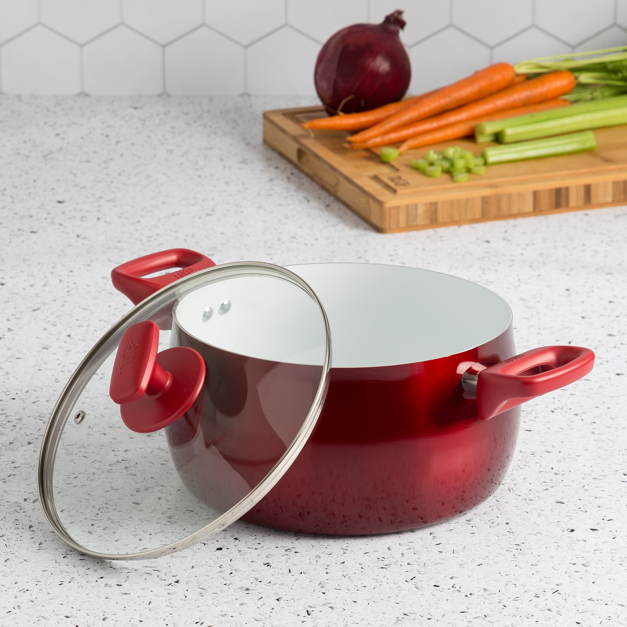 Tasty Ceramic NonStick Dutch Oven and Glass Lid, 5 Quart, Red
