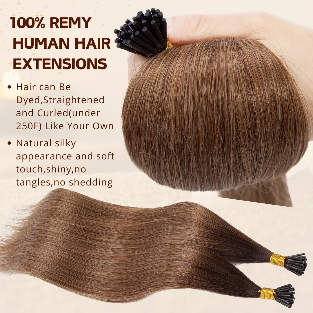 Benehair 100% Real Remy Human Hair Extensions 1g I Tip Hair Pre Bonded Stick Tip Micro Ring Beans Women Straight Brown 100g