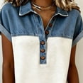 thumbnail image 4 of DAFPZW Women's Denim Top Jean Patchwork Buttoned Collared Shirt Short Sleeve Color Block Casual Pullover Tops, 4 of 5