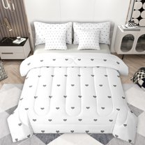 Manfei Kawaii Loves 7pcs Bedding Comforter Set,3D Heart Print Queen Bedding Sets,White Gray Queen Sheet Sets For Girl,Breathable Home Decor Reversible