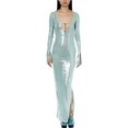 thumbnail image 2 of MesaSe Robe à Paillettes pour Femmes Découpes Col en V Robe de Bal Manches Longues Robe Scintillante Robe Midi de Soirée à Paillettes avec Fente, 2 of 6
