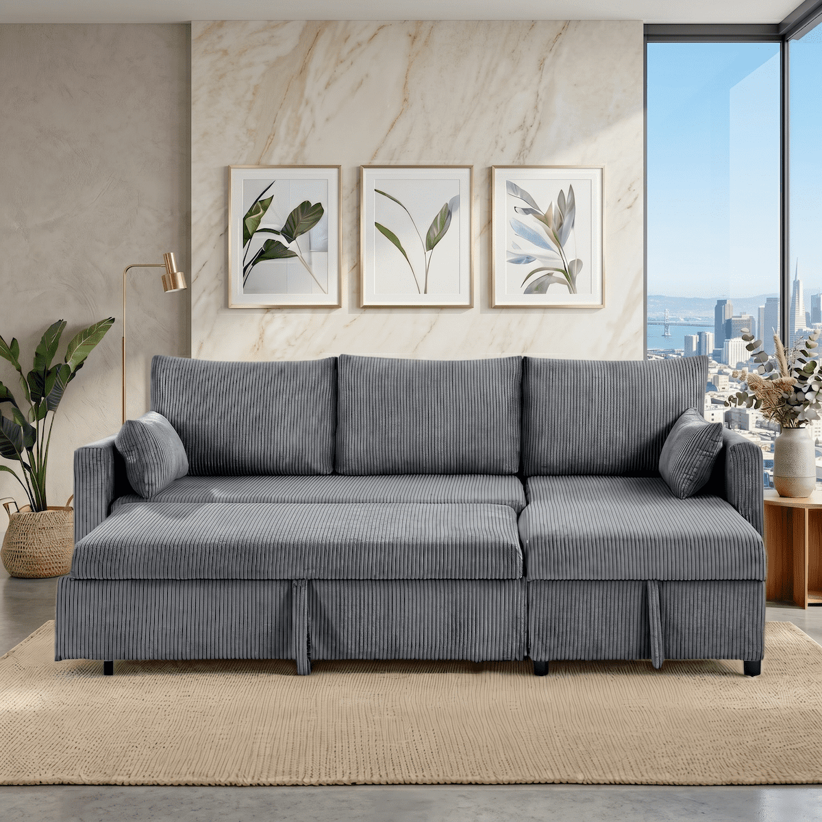 Xiweot 85" Sectional Sofa Bed, L Shaped Sleeper Sofa with Pull Out Bed & Storage Chaise, Corduroy 3 Seat Sectional Couch for Living Room Apartment Small Space (Black) (Gray)