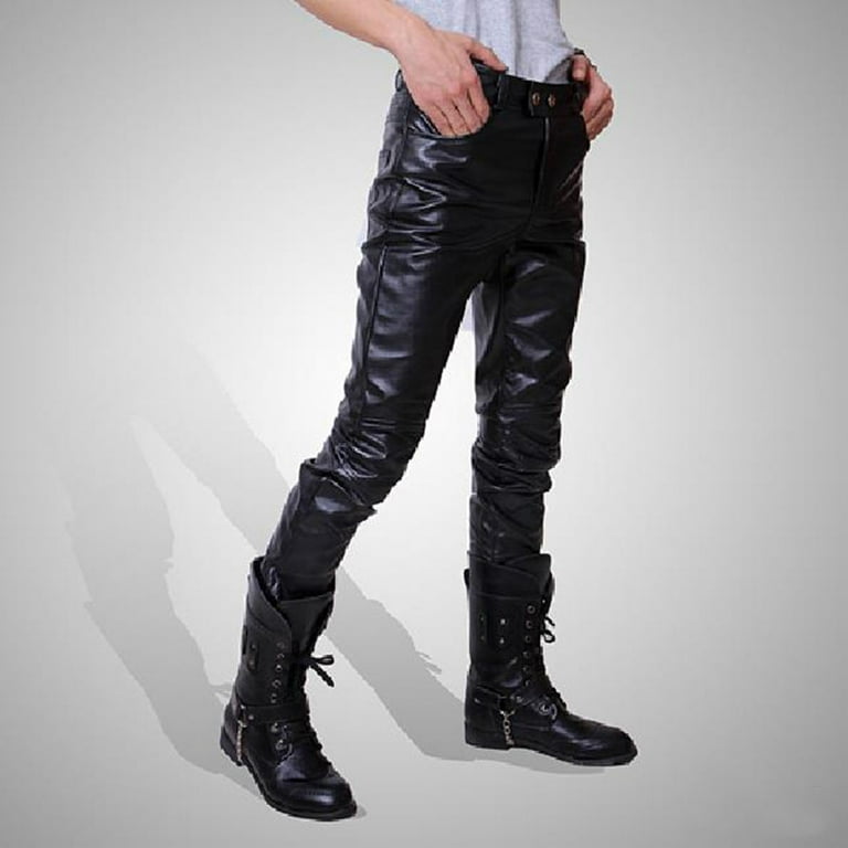 IYTR Men's Faux Leather Pants Stretchy Biker Jeans Slim Fit Low