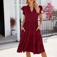 thumbnail image 4 of Women's Casual Tiered Dress with Pockets V Neck Ruffle Dress Cap Sleeve Swing Mini Dress A-Line Dresses Wine,XL, 4 of 6