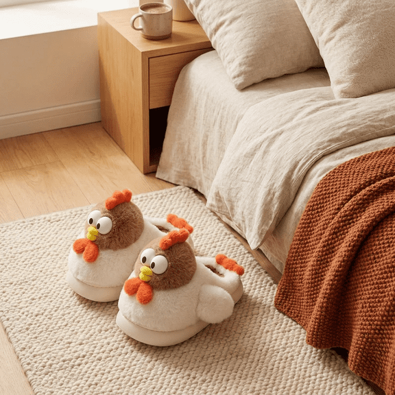 Chicken Plush Slippers for Women and Men, Fuzzy House Slippers, Cute Cartoon Animal Indoor Bedroom Slippers for Home Dorm, Cozy Soft Slip On Slippers, Size 7-8