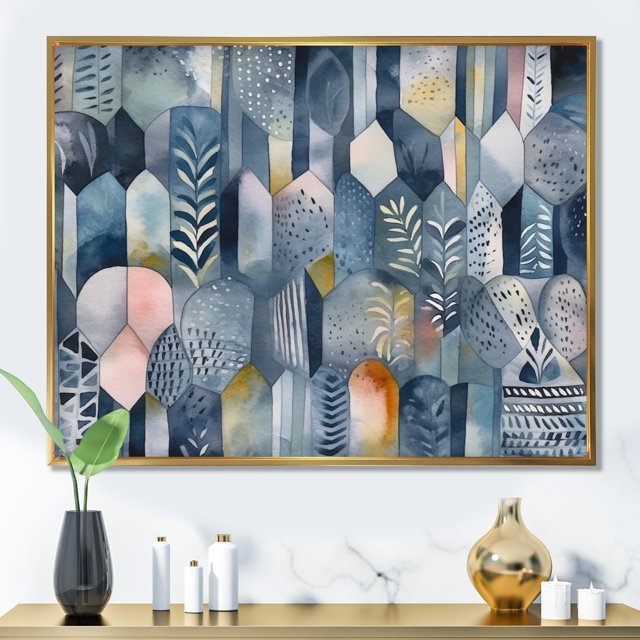Designart Abstract Geometric framed wall art decor, Geometric framed wall art, Endless Blue and White Geometry I , Blue Modern Gold framed wall art, 40x30 inches Gold Frame