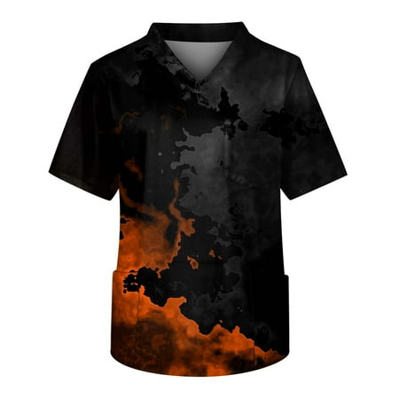 

Umitay Scrubs Men s Printing Short Sleeve V-neck Working Blouse Chest Pocket Carer Top