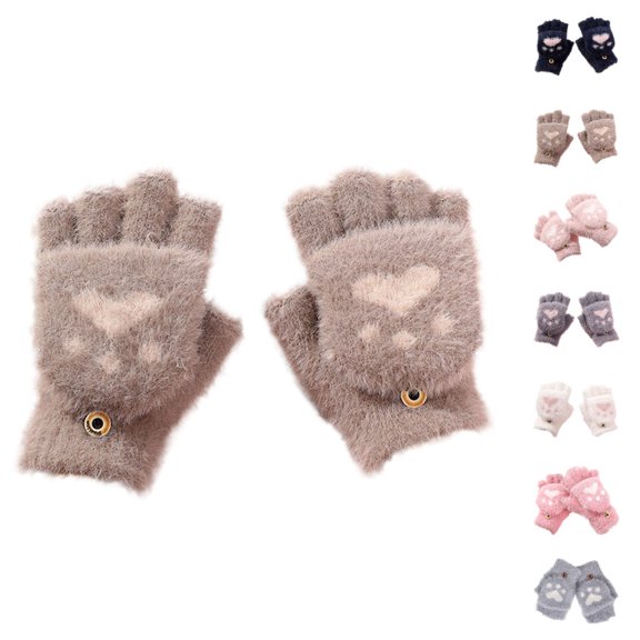 HJYCHN Winter Gloves Kids Boys Girls Convertible Flip Design Cat Cartoon Button Closure Cold Weather Gloves Khaki 7-18 Years