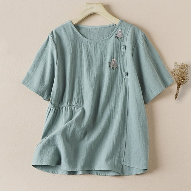 Fiudx Liquidación de Ofertas Flash Camiseta/Camisa de Manga Corta con Cuello Redondo y Algodón y Lino de Color para Mujer, Novedad de Verano