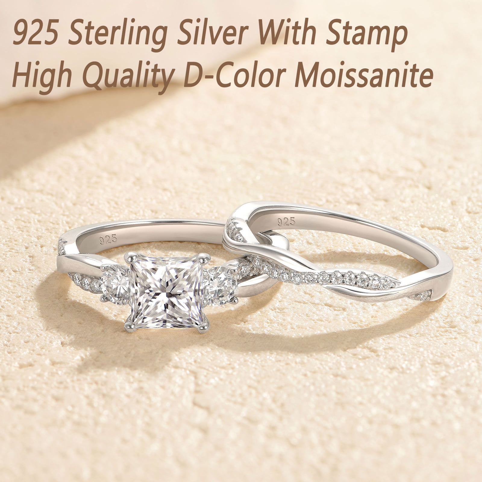 Wuziwen 1.4 Ct Princess Moissanite Wedding Ring Sets Twisted Band 925 Sterling Silver Rings for Women Size 7