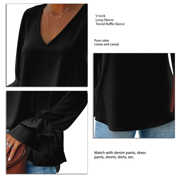 Camisa Con Cuello En V, Blusa Casual De Manga Larga De Moda Color Puro Para El Trabajo De La Vida Diaria Para Actividades Al Aire Libre ANGGREK Negro S