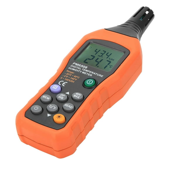 PM6508 Digital Thermo-Hygrometer with Dew Point & Wet Bulb Measurement, Backlit Dual Display, 99-Record Storage, Quick-Response Capacitance Sensor, Auto-Shutdown, Min/Max Data Hold, and Ergonomic