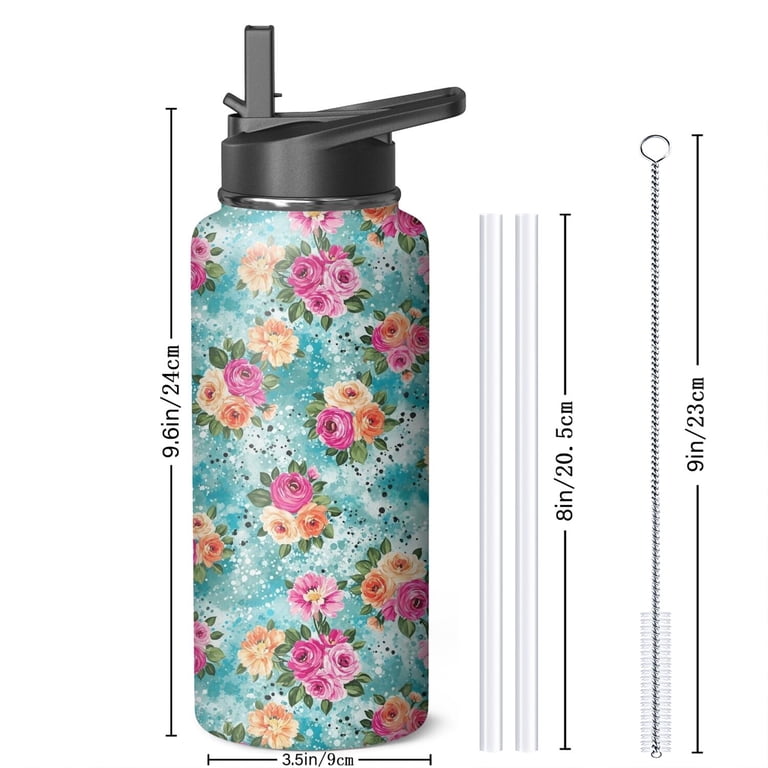 Fiower Pattern Pioneer Flower Floral Print Pattern Insulated Water Bottle with Straw ...