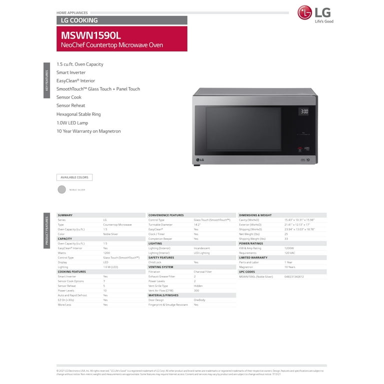 LG MSWN1590L: 1.5 cu. ft. Countertop Microwave with Smart Inverter and  EasyClean®