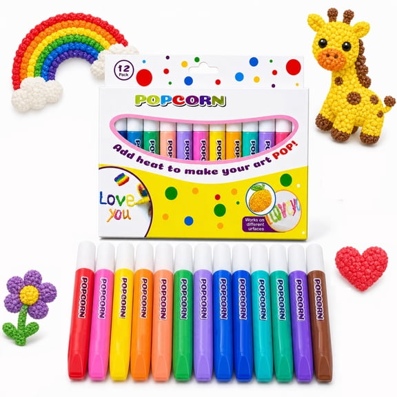 Dademeo 12-Pack Puffy Popcorn Drawing Pens, Creates Textured Puffy Art with Heat, DIY Arts Crafts Supplies For Great Gift Idea