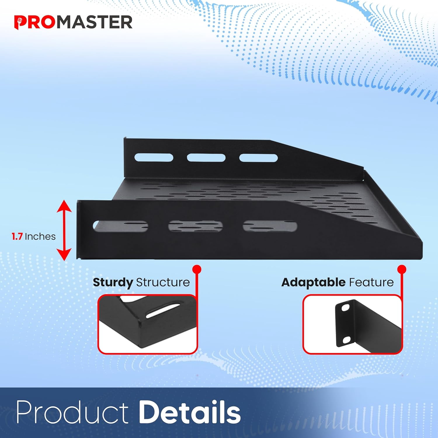 ProMaster Server Vented Shelf - 2-Pack 19 Inches, 10'' Deep, 1U Universal Integration Server Vented Rack Mounting Tray For Good Airflow, Cantilever Mount, Device and Equipment Wall Mounting - Black