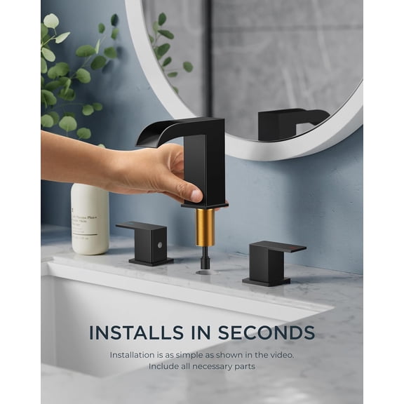 Waterfall Bathroom Faucets 3 Hole, 8 Inch Widespread Square Matte Black Bathroom Sink Faucet with Metal Pop-up Drain and cUPC Supply Lines, Two Handles for Vanity, Restroom, Commercial